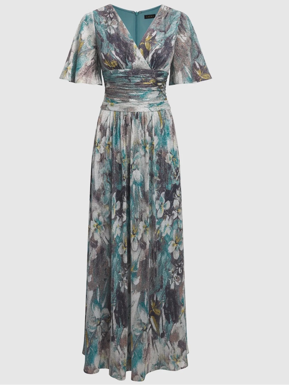 MELANIE LYNE Floral Teal & Grey Surplice Maxi Dress